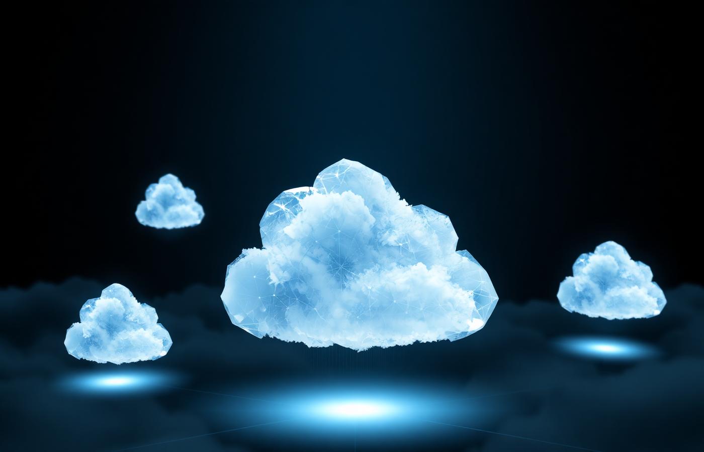Crystalline cloud shapes floating above a dark reflective surface