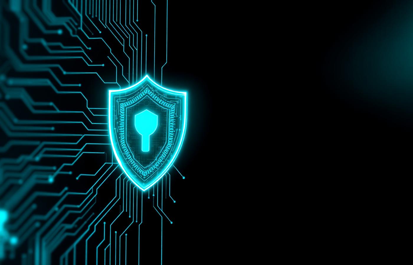 Geometric shield illustration with circuit lines against a dark background