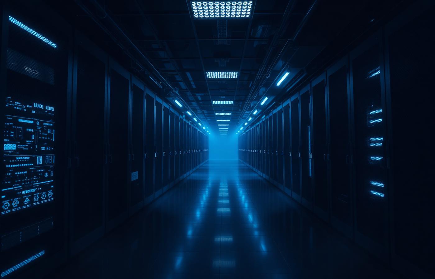 Atmospheric dark server room corridor lit by cold blue light