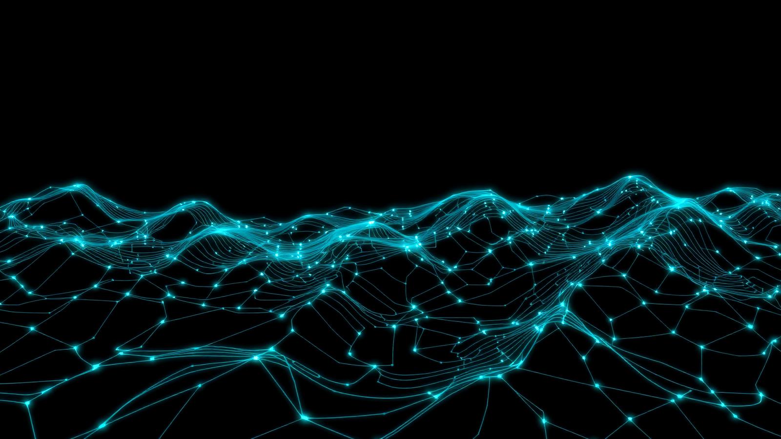 Topographic grid of glowing thin lines against black