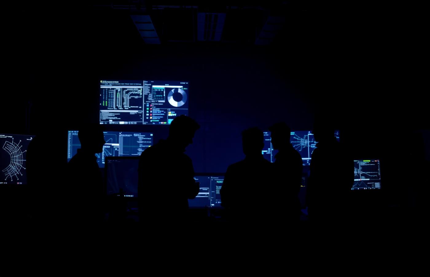 Silhouettes of engineers collaborating in a dark studio around glowing screens