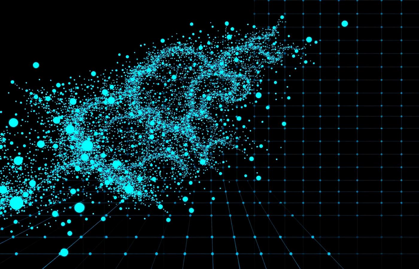 Cyan particles reforming into an ordered grid pattern